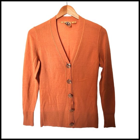 Tory Burch Boyfriend Simone Cardigan Orange 100% Wool XS Logo Buttons‎ - Picture 4 of 16
